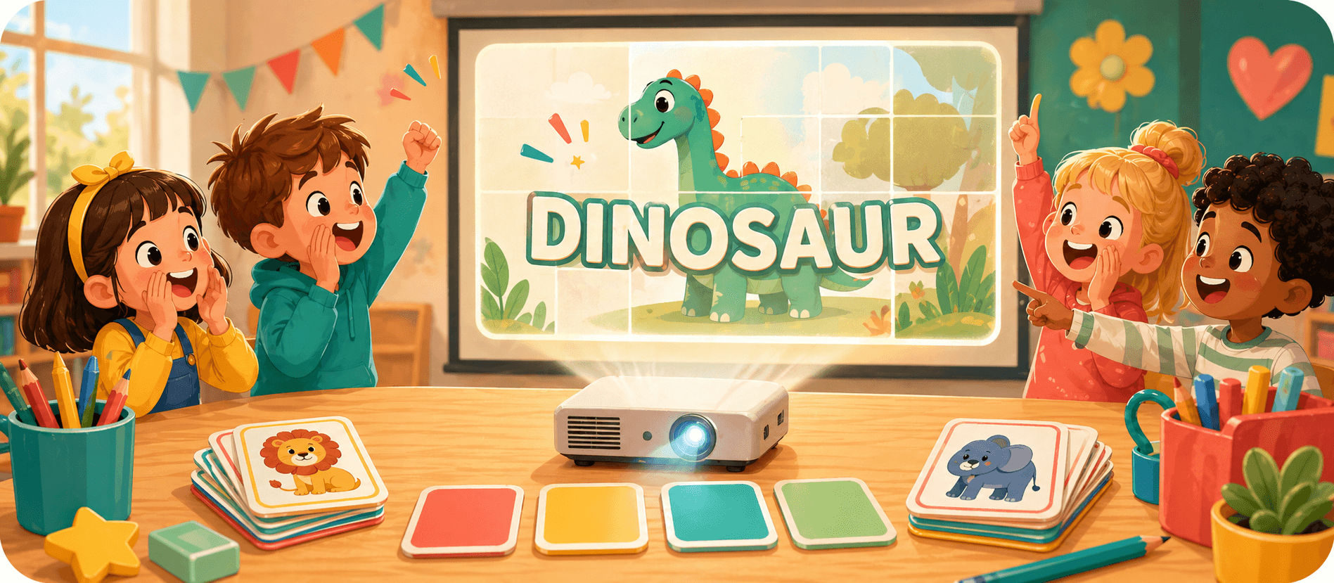 Illustration of children guessing Peekadoo flashcards