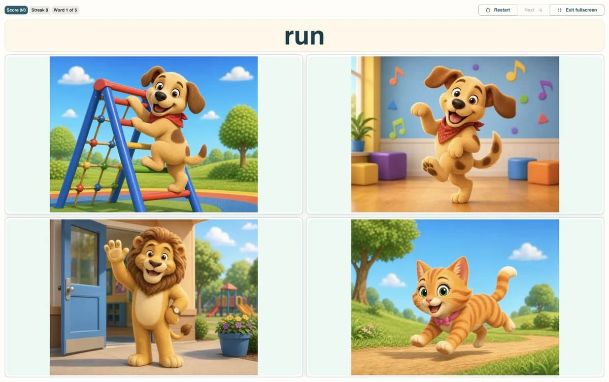 Peekadoo Picture Match activity asking learners to match the word run to a picture