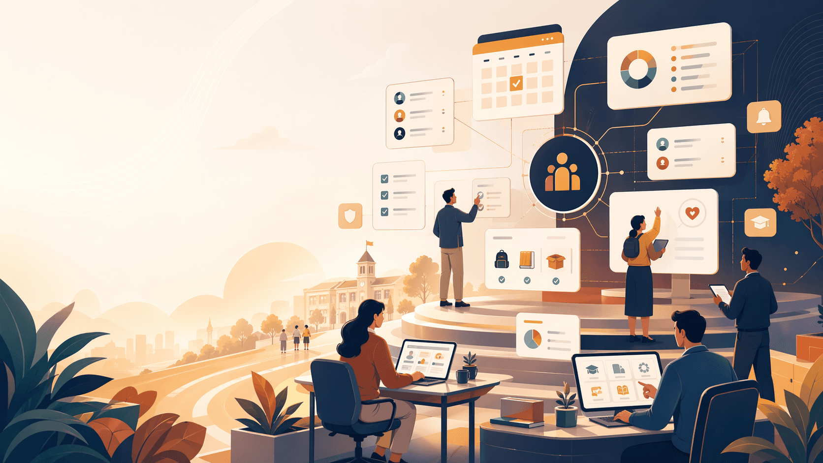 Illustration of connected school management and learning workflows